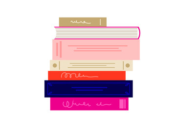Stack of colorful different books with titles, text and design elements. Modern, stylized book spines in pink, navy blue, red, beige, and gold colors. Minimal vector illustration, transparent PNG 