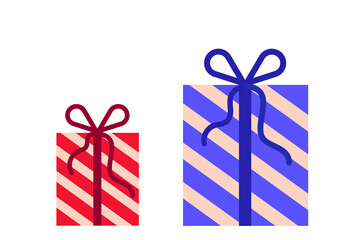 Fun, colorful gift boxes illustration with diagonal stripes pattern in red, blue, and pink colors. Simple, clean vector design perfect for birthday, celebration, Christmas, and holiday cards 