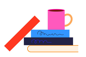 Stack of colorful books with with a pink mug, cup of coffee, hot chocolate. Modern, stylized book spines in blue, navy blue, red, yellow colors. Minimal vector illustration for article, post, banner