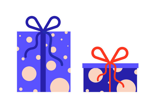 Fun, colorful gift boxes illustration with polka dot pattern in blue with red ribbon. Simple, clean vector design perfect for birthday, celebration, Christmas, and holiday cards. Transparent PNG