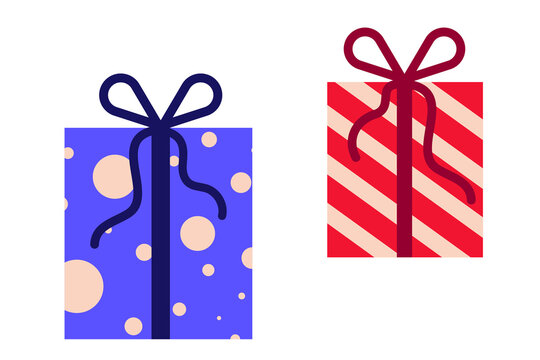 Fun, colorful gift boxes illustration with polka dot and diagonal pattern. Simple, clean vector design perfect for birthday, celebration, Christmas, articles, posts and holiday cards. Transparent PNG
