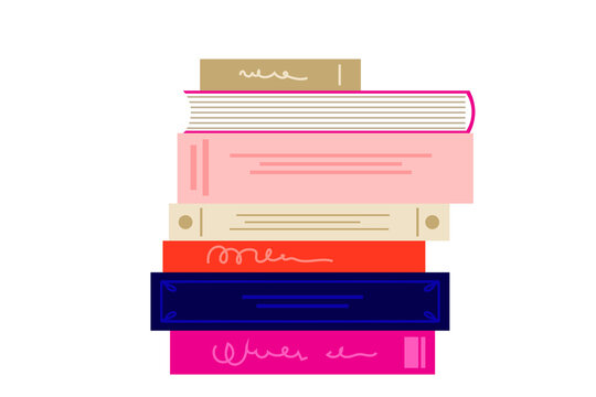 Stack of colorful different books with titles, text and design elements. Modern, stylized book spines in pink, navy blue, red, beige, and gold colors. Minimal vector illustration, transparent PNG 