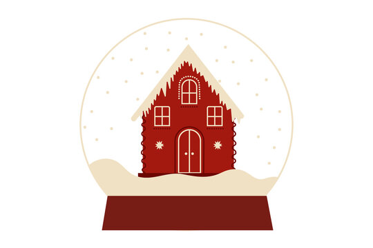 Christmas snow globe with red gingerbread house inside. Minimalist winter holiday illustration in burgundy and beige colors. Cozy perfect for seasonal greetings and festive decorations