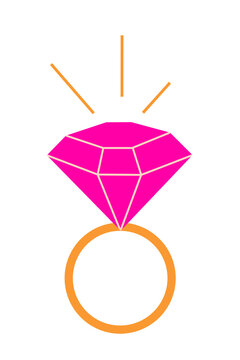 Minimalist diamond ring illustration in pink and yellow with geometric facets and shine effect. Modern vector design perfect for wedding, engagement, and jewelry branding. Simple, clean icon style