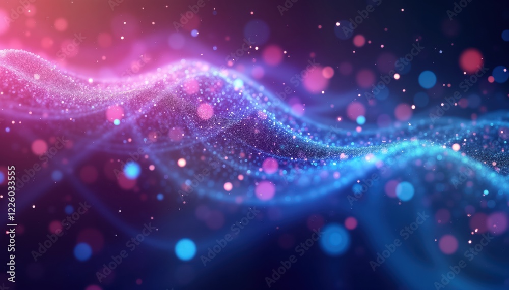 Fototapete abstract futuristic background shows dynamic flow of purple, blue particles. neon light glows. parti