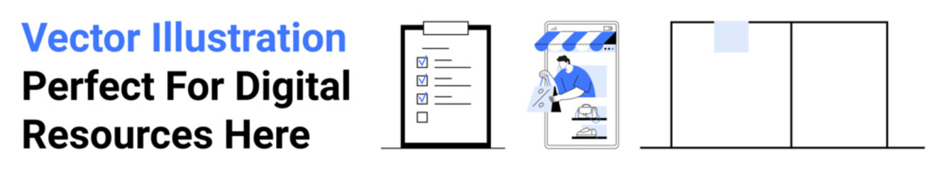 Checklist on clipboard, storefront on mobile device, and grid layout. Ideal for digital marketing, e-commerce, project management, task organization, mobile apps, web design flat landing page banner