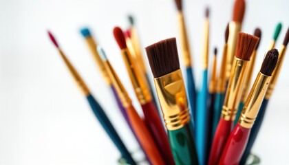 Obraz premium Colorful paintbrushes in various sizes, colors clustered together. Brushes gold-colored handles, different colored wooden plastic shafts. Image great for art supplies creative industries. Shows