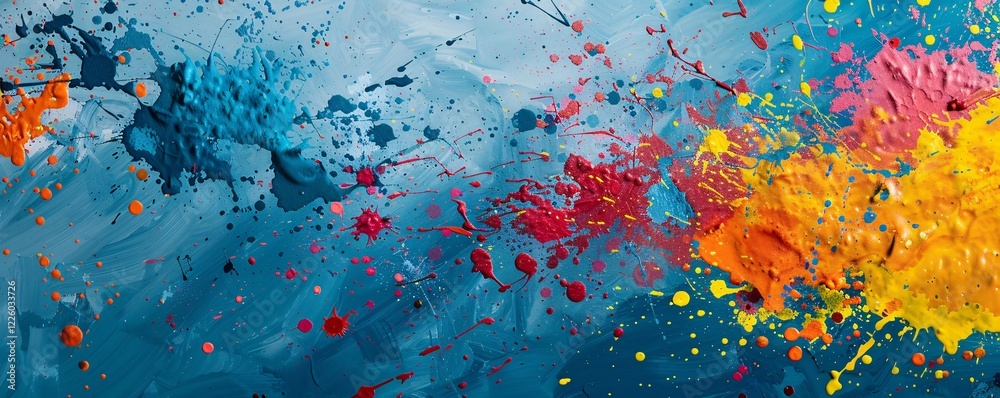 Aufkleber Abstract expressionist painting with colorful paint splattering on blue canvas background