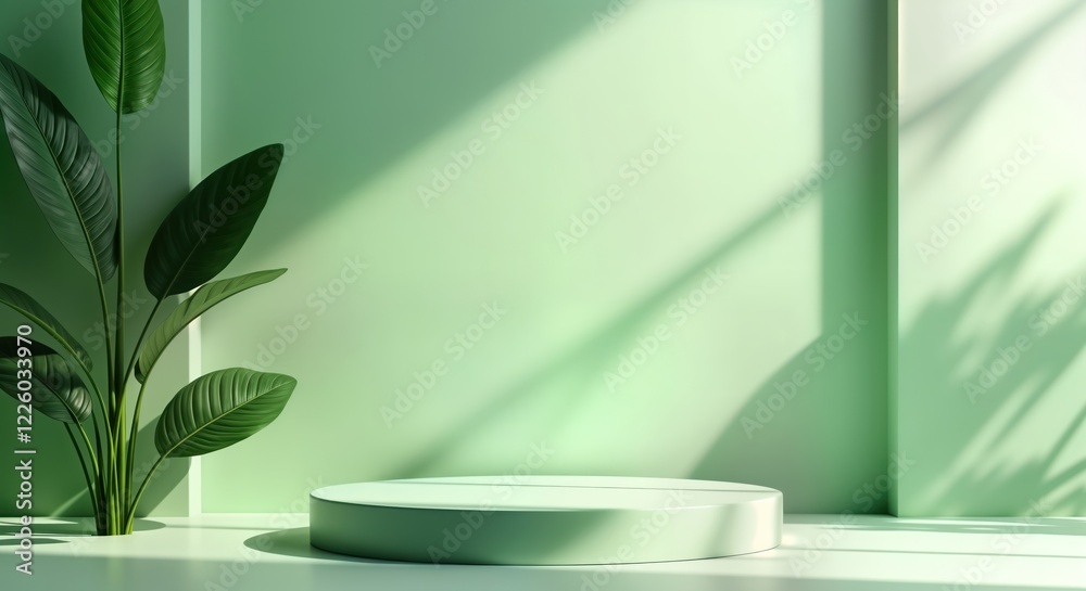Aufkleber Empty studio room with green gradient backdrop. Plant with large leaves in corner. Round light green podium in center. Soft shadows. Eco friendly product display. Modern minimal design. Ideal for