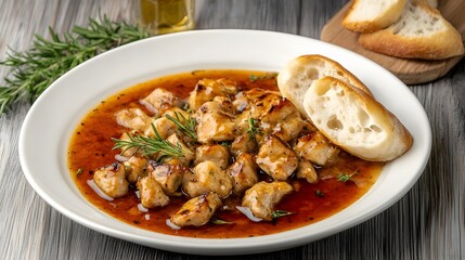 Delicious Glazed Chicken Meat Dish with Rosemary and Crusty Bread