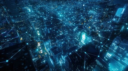 Fototapeta premium Digital Connectivity: An Overhead View of a City with Glowing Network Connections