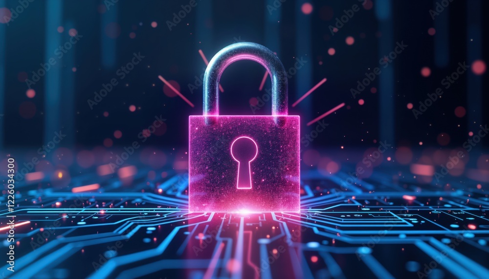 Poster pink glowing lock on blue tech circuit board represents cyber security, private data protection. sec
