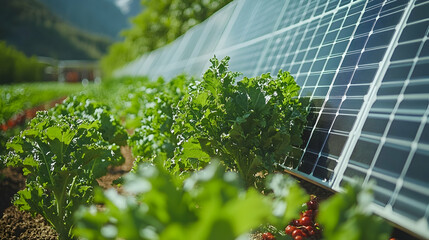 Fototapeta premium Solar panels power a lush vegetable farm