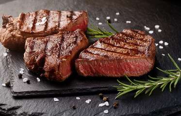 fresh grilled bbq steaks on slate background
