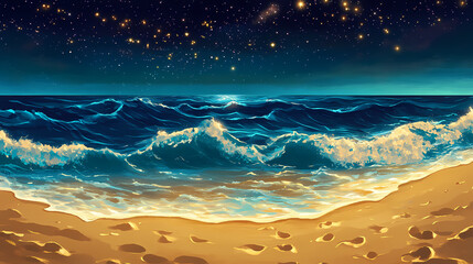 Golden sand beach with midnight blue water and stars, beach at night, ocean waves. Midnight Wave. Illustration