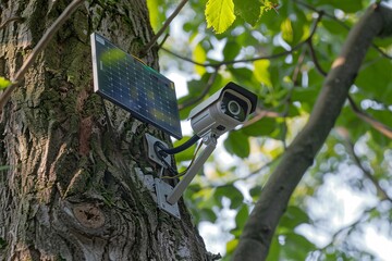 Solar-powered security camera mounted on a tree, recording footage in a lush environment