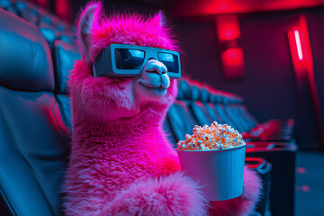 An ultra-detailed side-view of a cheerful pink alpaca wearing sleek, ultra-modern 3D glasses, holding a bucket of popcorn