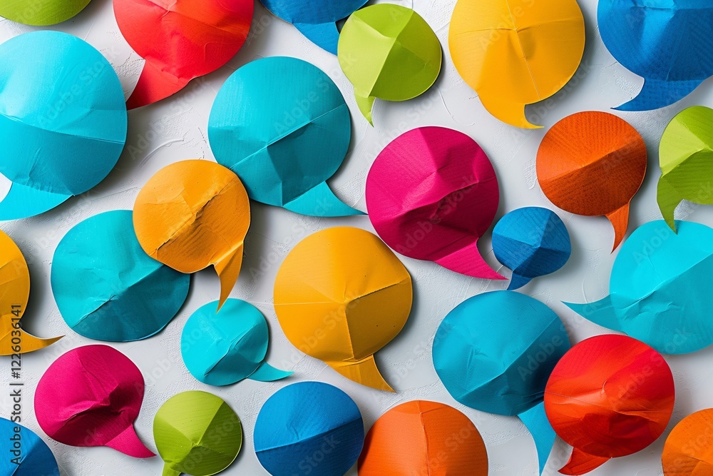 Poster colorful crumpled speech bubbles create a vibrant backdrop, representing dialogue, conversation, and
