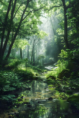 Lush Green Forest with Sun-Dappled Canopy: A Serene Display of Oxygen-Producing Nature&rsquo;s Vital Role