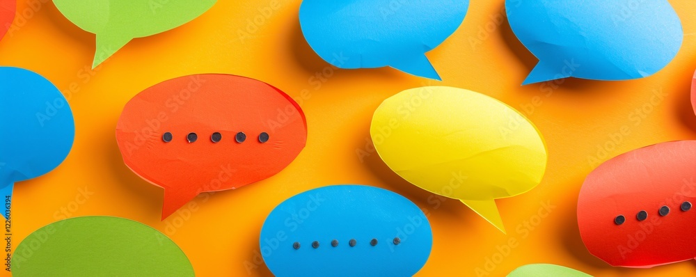Poster vibrant speech bubbles display a brainstorming session against an orange backdrop