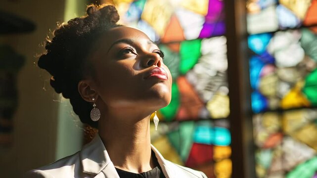 Young lesbian black pastor looking up optimistically at an Evangelical Lutheran or Episcopal church with stained glass windows in the background.