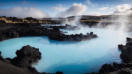 Fototapeta premium Explore the stunning geothermal wonder at the famous Blue Lagoon in Iceland, featuring radiant blue waters surrounded by rugged black lava formations and steam rising from the surface