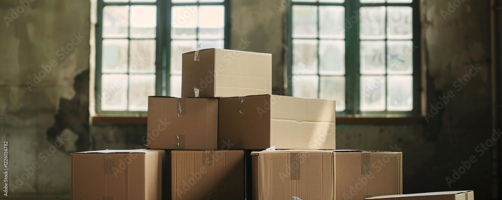 Poster natural sunlight illuminates a stack of moving boxes in an empty building