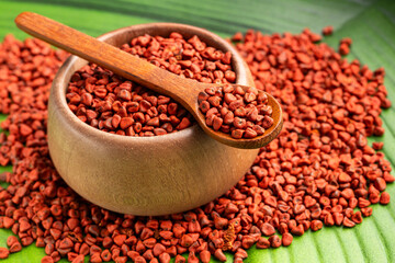 Bixa Orellana - Organic red annatto seeds in spoon and bowl.