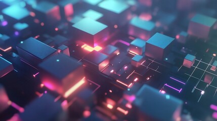 Obraz premium Abstract 3D rendering of interconnected digital cubes with vibrant neon lights