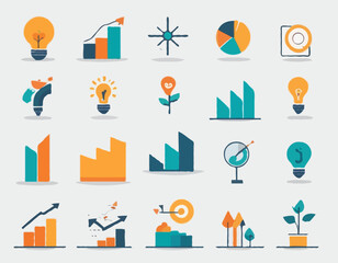 Business growth icon collection set. Containing market share, planning, revenue, decision making, strategy, idea, opportunity icon. Simple flat vector 