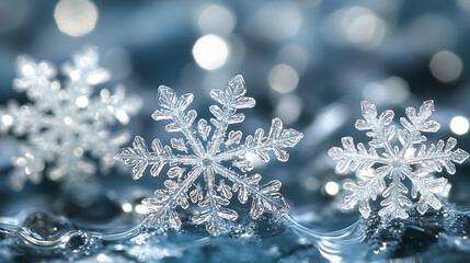 Sparkling snowflakes on icy surface, winter background, holiday card