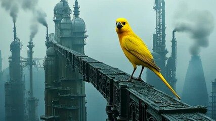 Bright yellow bird perched on a metal bridge in a smoky industrial landscape