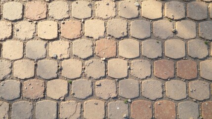 Awe-inspiring view of a textured pavement composed of numerous interlocking stone blocks, exhibiting subtle variations in shade and exhibiting signs of weathering and age.