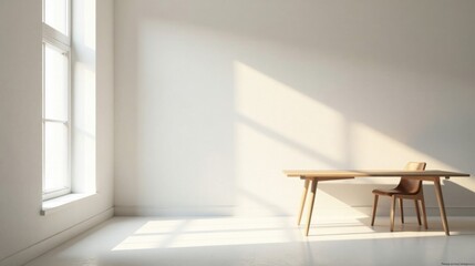 Fototapeta premium Sunlit Minimalist Room with Wooden Table and Chair, Perfect for Relaxation and Contemplation