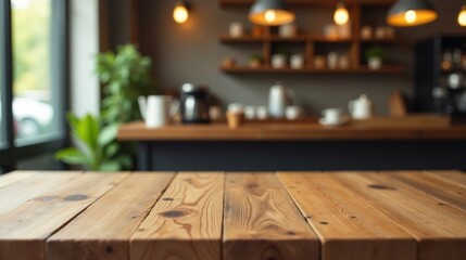 Rustic Wooden Tabletop with Blurred Background of a Cozy Cafe Interior Featuring Warm Lighting and Wooden Shelving