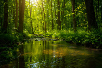 Obraz premium Lush Green Forest with Sun-Dappled Canopy: A Serene Display of Oxygen-Producing Nature’s Vital Role