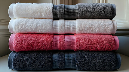 Stacked bath towels, various colors, bathroom setting, home decor, e-commerce