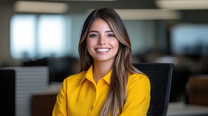 Fototapeta premium Smiling businesswoman office portrait, modern workplace background, professional headshot for website