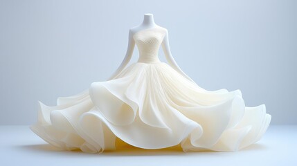 Elegant cream wedding dress on mannequin, studio shot
