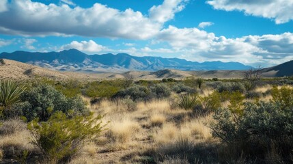 Scenic Desert Landscape with Mountains and Cloudy Blue Sky A Beautiful View
