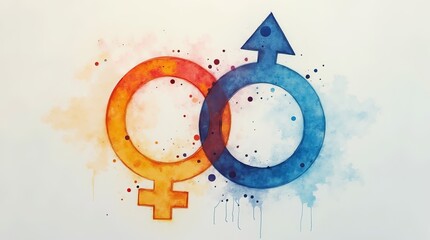 Overlapping male and female gender symbols in vibrant watercolor style on a white background, symbolizing gender unity and diversity. A concept of gender equality