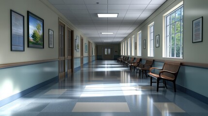 Obraz premium Sunlit Hallway With Wooden Benches And Framed Art