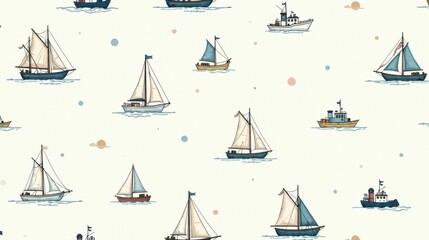 Charming Nautical Vessel Pattern Featuring Sailboats and Tugboats on a Pastel Background, Ideal for Textile Designs or Decorative Applications