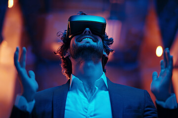 Enthusiastic entrepreneur showcasing virtual reality experience in modern office setting blending innovation and professionalism with a captivating smile.