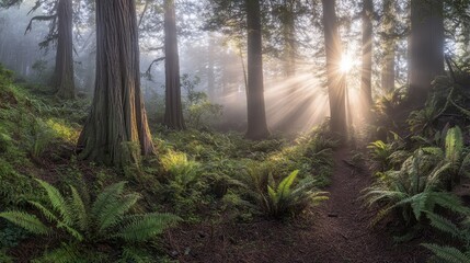 Obraz premium Sunbeams Illuminate a Misty Forest Path