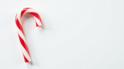 A single red and white candy cane rests on a plain white background, a simple festive treat