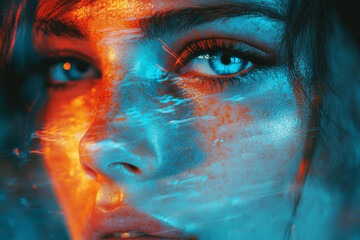 Naklejka premium Abstract Feminine Visage Portrait of a Woman with Glitch Aesthetics and Double Exposure Techniques for a Unique Visual Experience