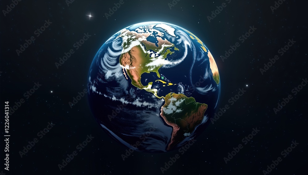 Poster Abstract globe displays earth in space. Detailed map view shows continents, oceans. Dark blue background highlights globe. Earth rotates in space. Futuristic design. Suitable for tech science