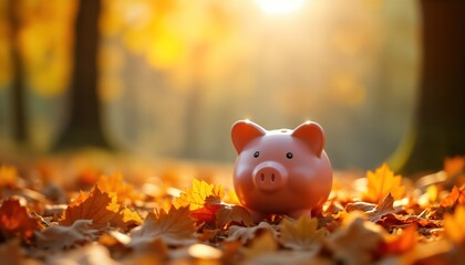 Autumnal savings concept. Pink piggy bank sits in colorful fall foliage. Golden sunlight bathes scene. Nature inspires financial planning for future prosperity. Ideal for autumn themes. Image evokes