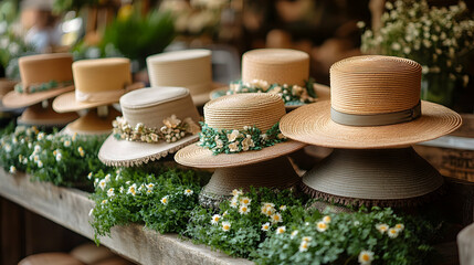 Straw hats displayed on wooden shelf, floral decor, shop background; for fashion, retail